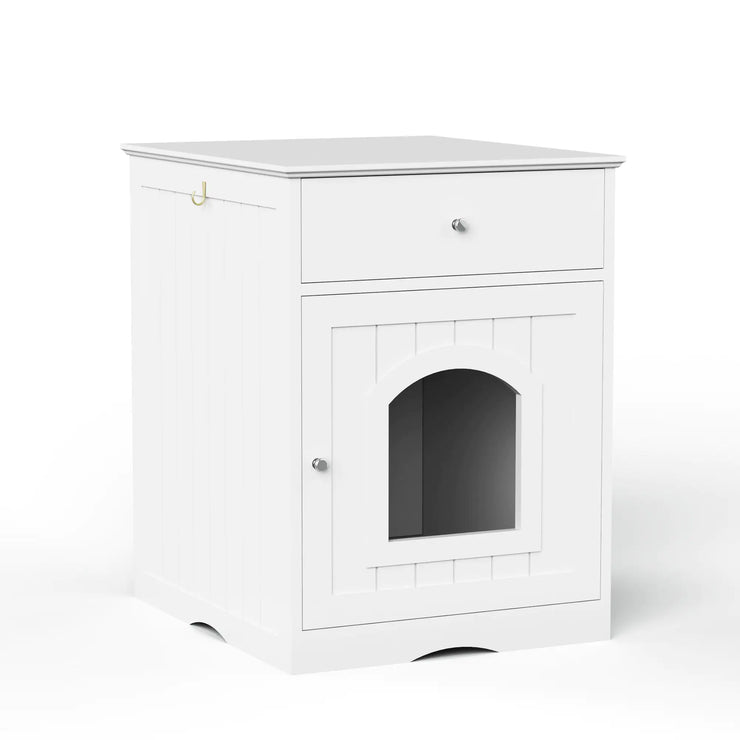 White Wooden Cat Litter Box Enclosure with Storage Drawer and Side Entry